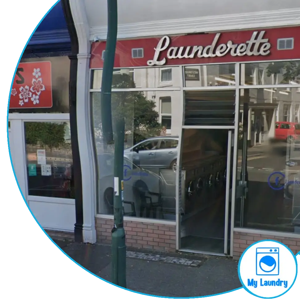 Launderette Boscombe storefront on Christchurch Road, Boscombe, Bournemouth