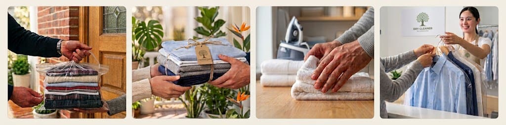 How our laundry collection works: you hand over the bag at your door, we wash and fold it, we iron and care for each item, and we deliver everything back.