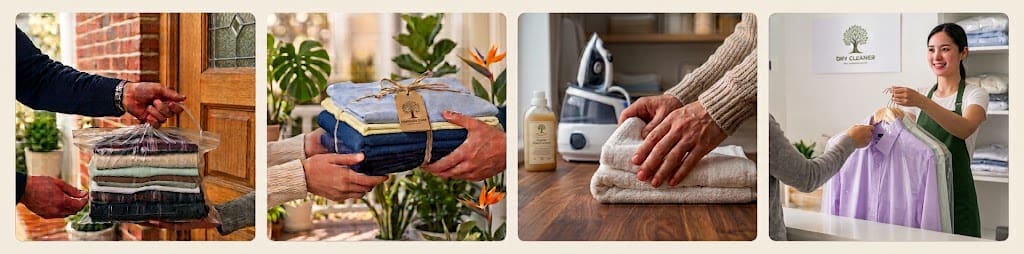 How our laundry collection works: you hand over the bag at your door, we wash and fold it, we iron and care for each item, and we deliver everything back.