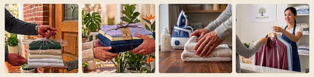 How our laundry collection works: you hand over the bag at your door, we wash and fold it, we iron and care for each item, and we deliver everything back.