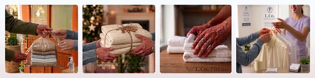 How our laundry collection works: you hand over the bag at your door, we wash and fold it, we iron and care for each item, and we deliver everything back.