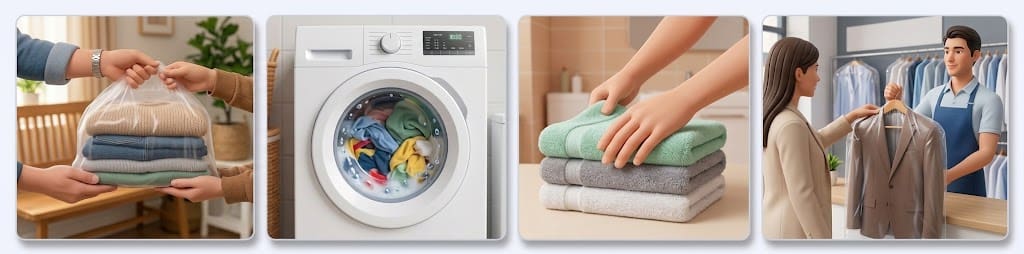 How our laundry collection works: you hand over the bag at your door, we wash and fold it, we iron and care for each item, and we deliver everything back.