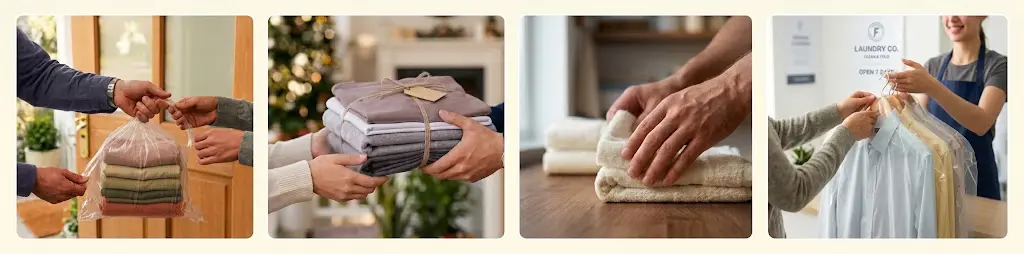 How our laundry collection works: you hand over the bag at your door, we wash and fold it, we iron and care for each item, and we deliver everything back.
