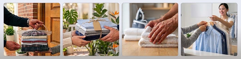 How our laundry collection works: you hand over the bag at your door, we wash and fold it, we iron and care for each item, and we deliver everything back.