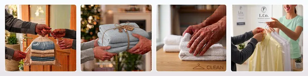 How our laundry collection works: you hand over the bag at your door, we wash and fold it, we iron and care for each item, and we deliver everything back.