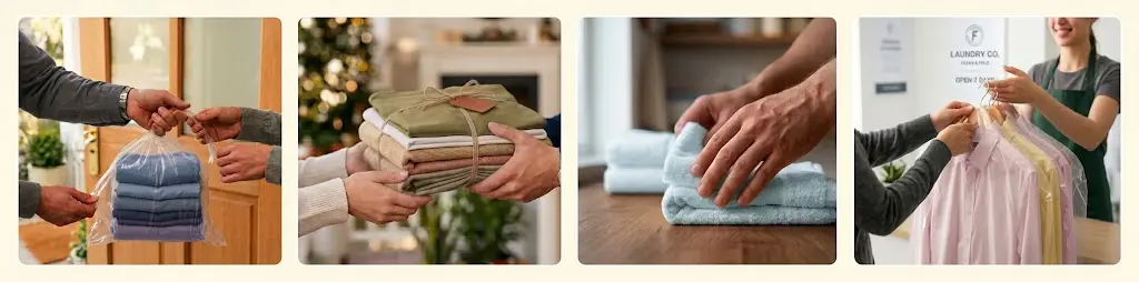 How our laundry collection works: you hand over the bag at your door, we wash and fold it, we iron and care for each item, and we deliver everything back.