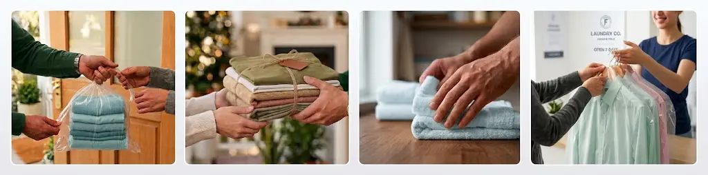 How our laundry collection works: you hand over the bag at your door, we wash and fold it, we iron and care for each item, and we deliver everything back.