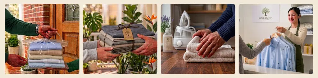 How our laundry collection works: you hand over the bag at your door, we wash and fold it, we iron and care for each item, and we deliver everything back.
