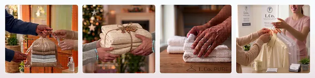 How our laundry collection works: you hand over the bag at your door, we wash and fold it, we iron and care for each item, and we deliver everything back.