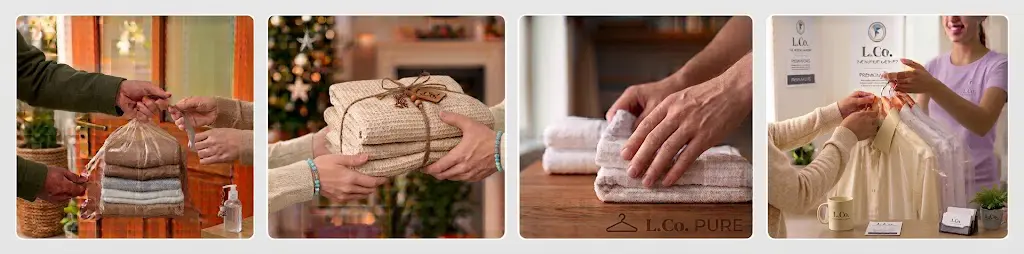 How our laundry collection works: you hand over the bag at your door, we wash and fold it, we iron and care for each item, and we deliver everything back.