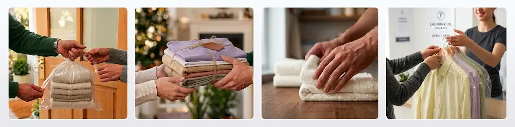 How our laundry collection works: you hand over the bag at your door, we wash and fold it, we iron and care for each item, and we deliver everything back.