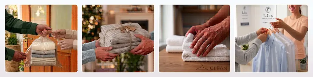 How our laundry collection works: you hand over the bag at your door, we wash and fold it, we iron and care for each item, and we deliver everything back.