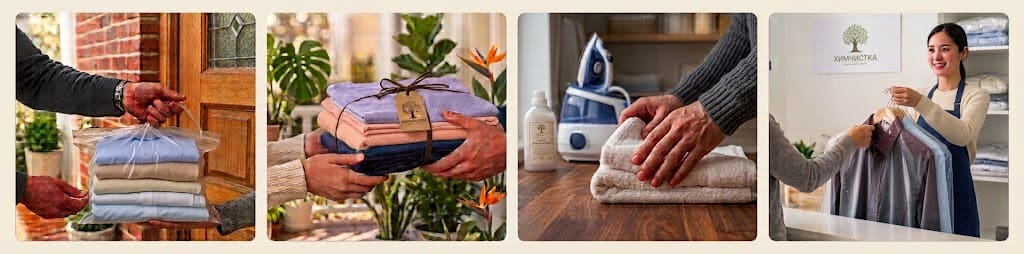 How our laundry collection works: you hand over the bag at your door, we wash and fold it, we iron and care for each item, and we deliver everything back.