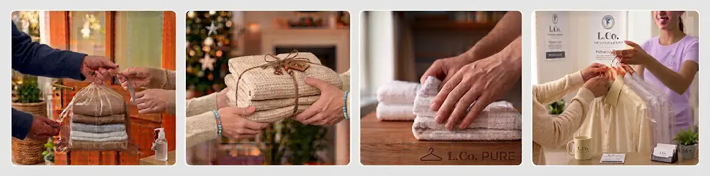 How our laundry collection works: you hand over the bag at your door, we wash and fold it, we iron and care for each item, and we deliver everything back.