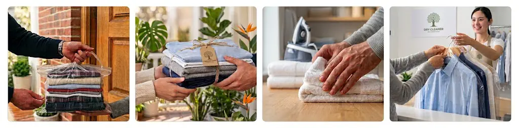 How our laundry collection works: you hand over the bag at your door, we wash and fold it, we iron and care for each item, and we deliver everything back.
