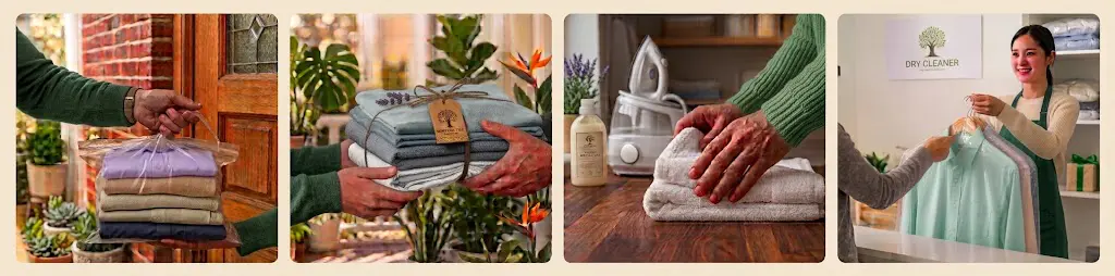 How our laundry collection works: you hand over the bag at your door, we wash and fold it, we iron and care for each item, and we deliver everything back.