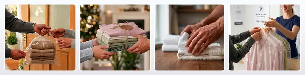 How our laundry collection works: you hand over the bag at your door, we wash and fold it, we iron and care for each item, and we deliver everything back.