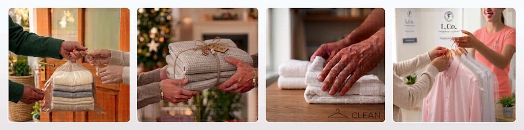 How our laundry collection works: you hand over the bag at your door, we wash and fold it, we iron and care for each item, and we deliver everything back.