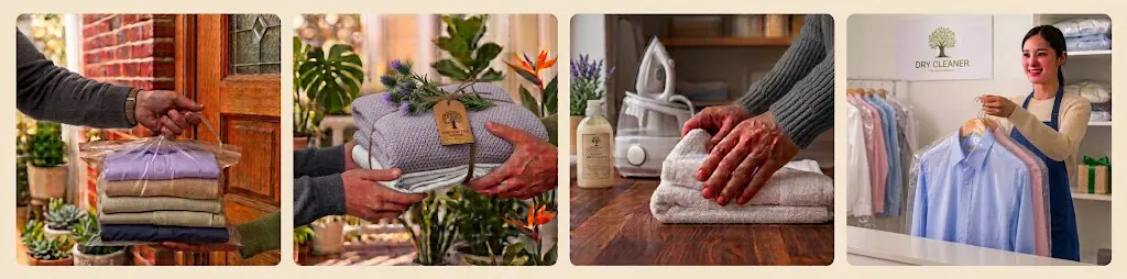 How our laundry collection works: you hand over the bag at your door, we wash and fold it, we iron and care for each item, and we deliver everything back.