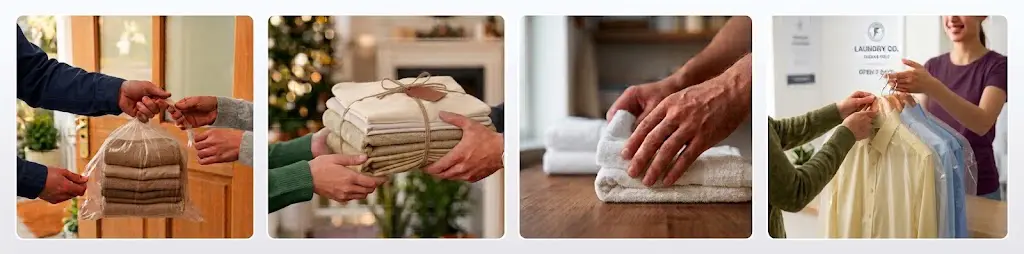 How our laundry collection works: you hand over the bag at your door, we wash and fold it, we iron and care for each item, and we deliver everything back.