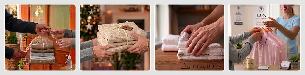 How our laundry collection works: you hand over the bag at your door, we wash and fold it, we iron and care for each item, and we deliver everything back.