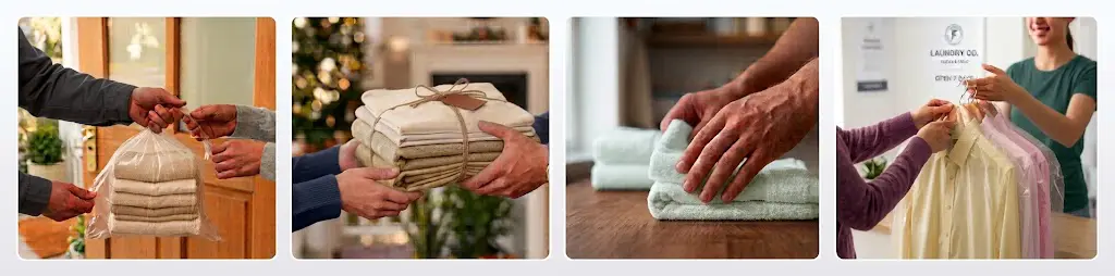 How our laundry collection works: you hand over the bag at your door, we wash and fold it, we iron and care for each item, and we deliver everything back.