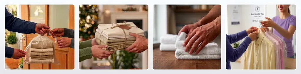 How our laundry collection works: you hand over the bag at your door, we wash and fold it, we iron and care for each item, and we deliver everything back.