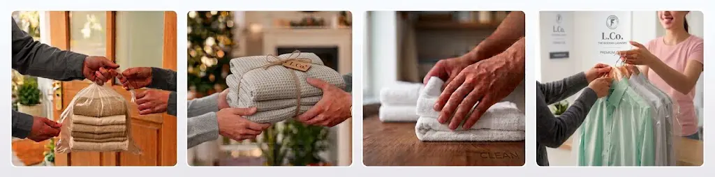 How our laundry collection works: you hand over the bag at your door, we wash and fold it, we iron and care for each item, and we deliver everything back.