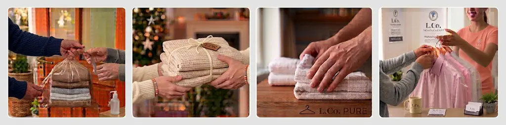 How our laundry collection works: you hand over the bag at your door, we wash and fold it, we iron and care for each item, and we deliver everything back.