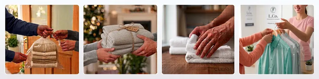 How our laundry collection works: you hand over the bag at your door, we wash and fold it, we iron and care for each item, and we deliver everything back.