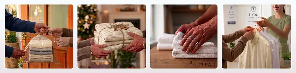 How our laundry collection works: you hand over the bag at your door, we wash and fold it, we iron and care for each item, and we deliver everything back.