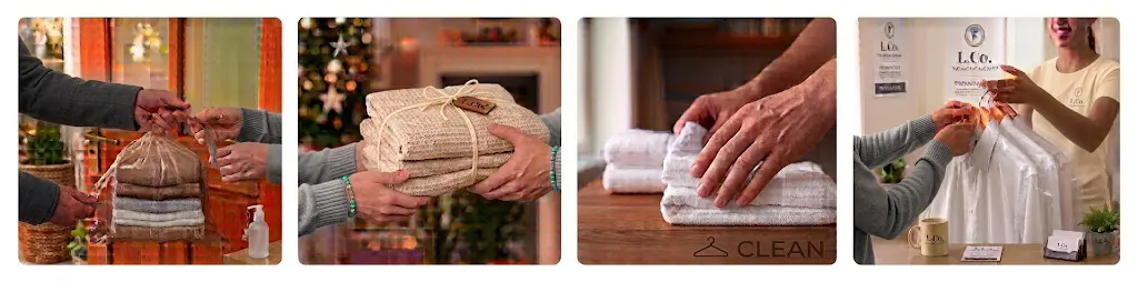 How our laundry collection works: you hand over the bag at your door, we wash and fold it, we iron and care for each item, and we deliver everything back.