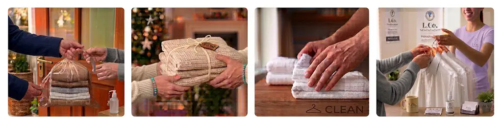 How our laundry collection works: you hand over the bag at your door, we wash and fold it, we iron and care for each item, and we deliver everything back.