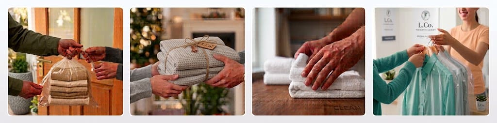 How our laundry collection works: you hand over the bag at your door, we wash and fold it, we iron and care for each item, and we deliver everything back.