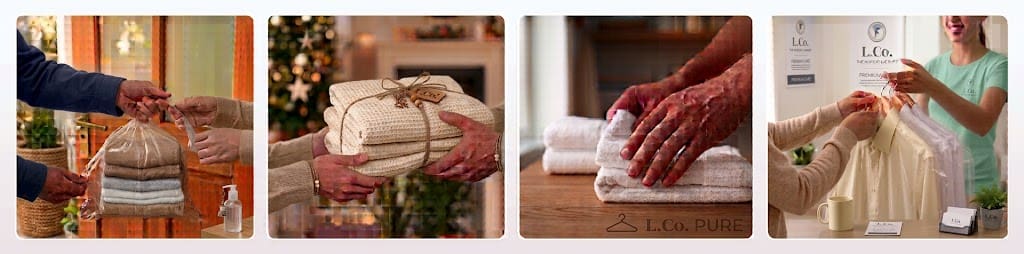 How our laundry collection works: you hand over the bag at your door, we wash and fold it, we iron and care for each item, and we deliver everything back.