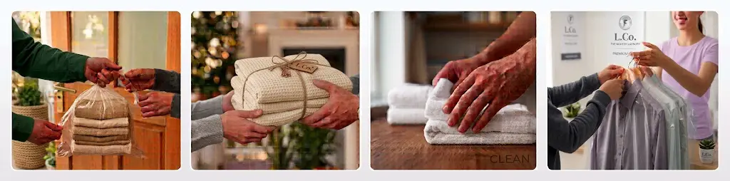 How our laundry collection works: you hand over the bag at your door, we wash and fold it, we iron and care for each item, and we deliver everything back.