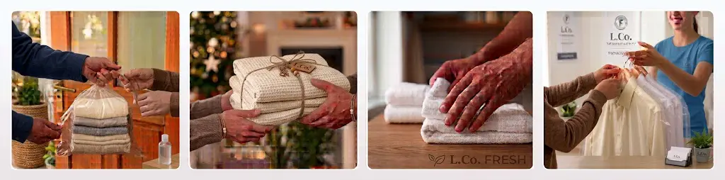 How our laundry collection works: you hand over the bag at your door, we wash and fold it, we iron and care for each item, and we deliver everything back.