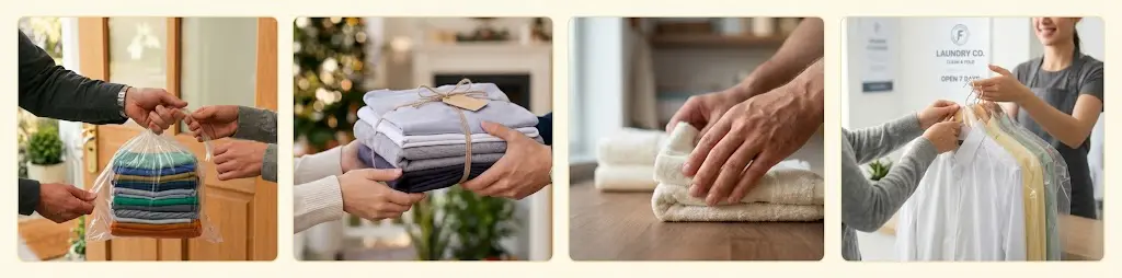 How our laundry collection works: you hand over the bag at your door, we wash and fold it, we iron and care for each item, and we deliver everything back.