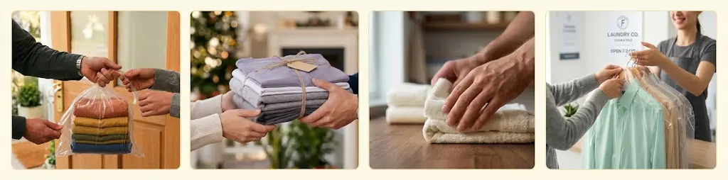 How our laundry collection works: you hand over the bag at your door, we wash and fold it, we iron and care for each item, and we deliver everything back.