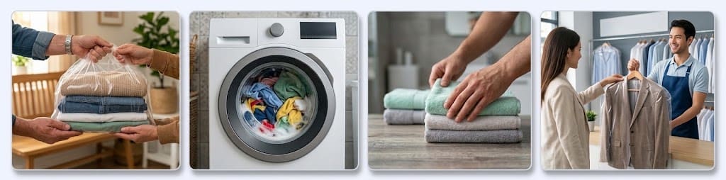 How our laundry collection works: you hand over the bag at your door, we wash and fold it, we iron and care for each item, and we deliver everything back.