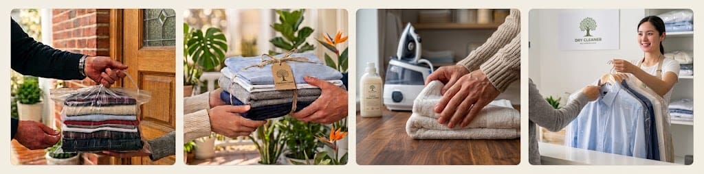 How our laundry collection works: you hand over the bag at your door, we wash and fold it, we iron and care for each item, and we deliver everything back.