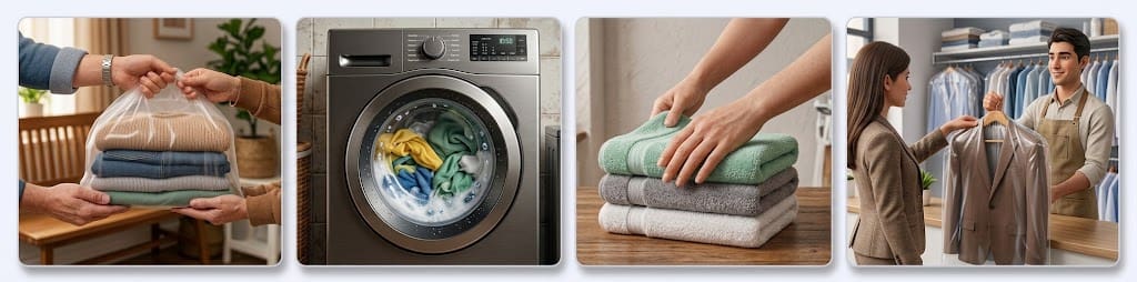How our laundry collection works: you hand over the bag at your door, we wash and fold it, we iron and care for each item, and we deliver everything back.