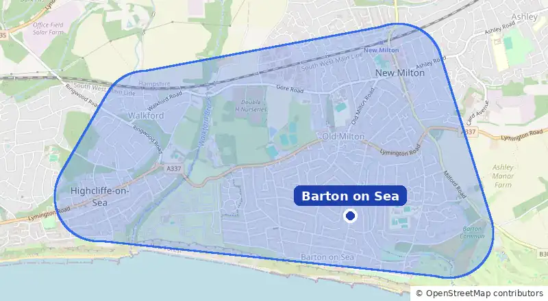 Map of our laundry collection area around Barton on Sea, covering Old Milton, New Milton town centre, Walkford and Highcliffe
