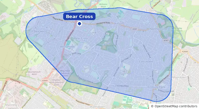 Map of our laundry collection area around Bear Cross, covering Kinson, West Howe, Ensbury Park, Northbourne and Bearwood