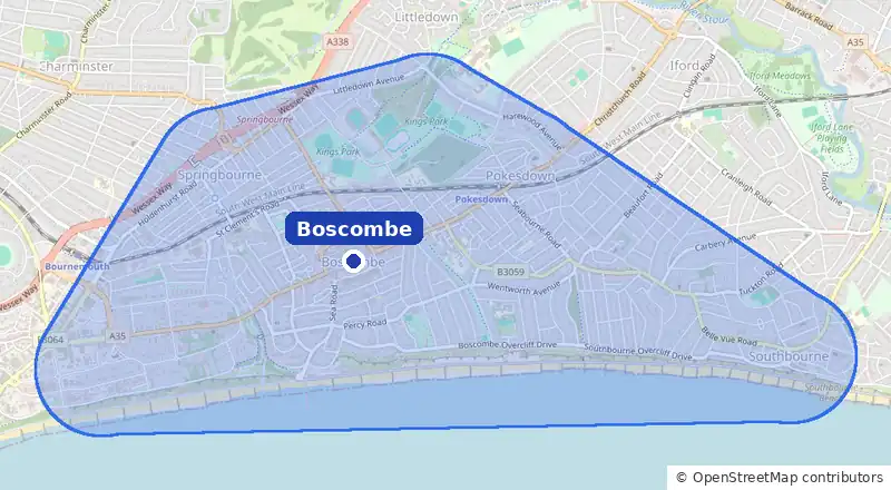 Map of our laundry collection area around Boscombe, covering Springbourne, East Cliff, Pokesdown, Southbourne and Kings Park
