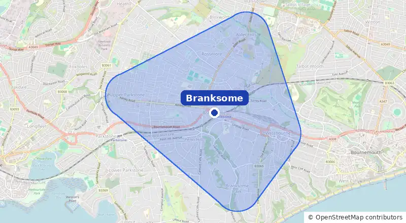 Map of our laundry collection area around Branksome, covering Parkstone, Alder Hills, Branksome Park, Penn Hill and Westbourne