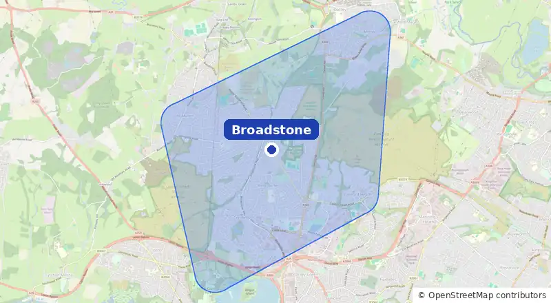 Map of our laundry collection area around Broadstone, covering Canford Heath, Creekmoor, Merley, Upton and Corfe Mullen
