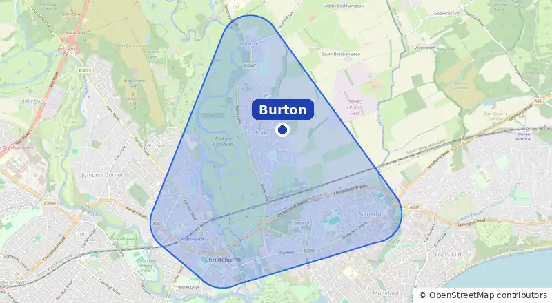 Map of our laundry collection area around Burton, covering Winkton, Purewell, Somerford, Portfield and Christchurch town centre