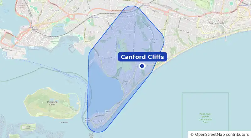 Map of our laundry collection area around Canford Cliffs, covering Sandbanks, Lilliput, Branksome Park and Penn Hill