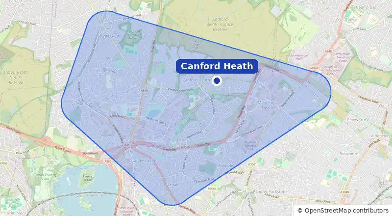 Map of our laundry collection area around Canford Heath, covering Creekmoor, Oakdale, Waterloo, Broadstone and Alderney